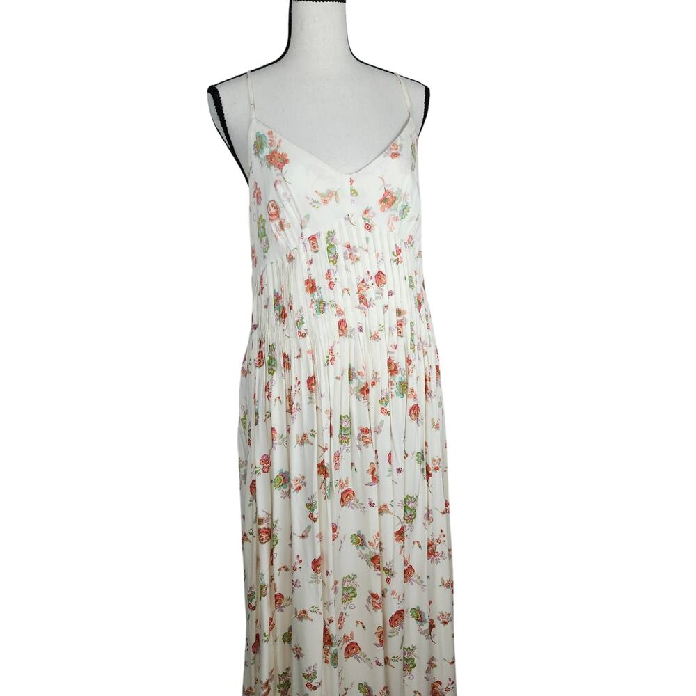 LC Lauren Conrad Maxi Dress Women 14 Ivory Floral Pleated Chiffon Tie Cottage